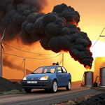 **Image Prompt for Fossil Fuel Combustion**: 
   "An illustration depicting the burning of fossil fuels, showing coal, oil, and natural gas being used in everyday activities like driving cars, generating electricity, and heating homes. Include emissions of carbon dioxide and methane rising into the atmosphere, with a backdrop of a warming planet."