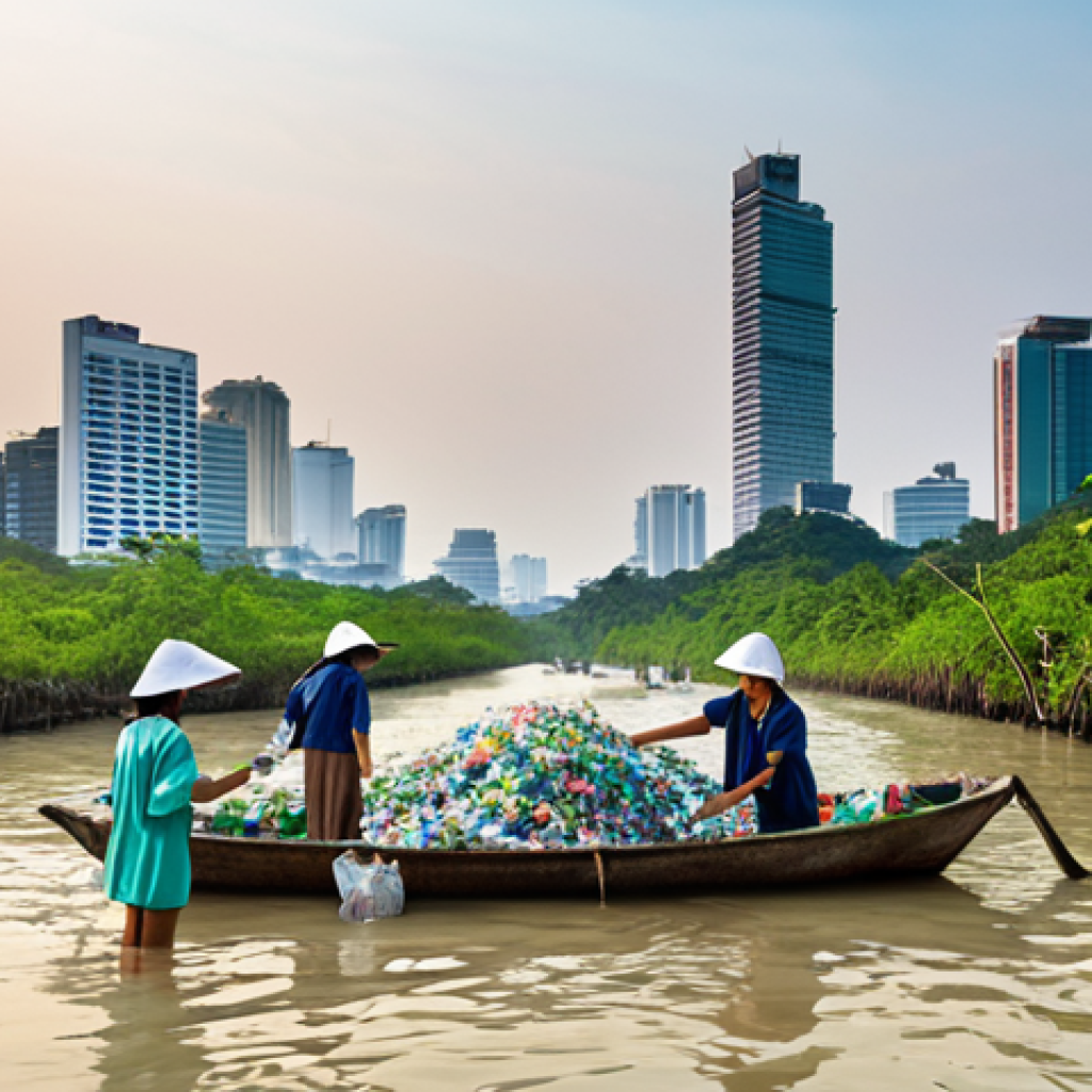 5 air quality levels over a recognizable Thai city skyline (e.g., Bangkok), with IoT sensor icons. A focused Thai environmental researcher, perhaps in a lab coat, interacts with a holographic display, symbolizing the integration of AI and Big Data for predictive analysis and early warning systems. The atmosphere is clean, intelligent, and forward-thinking, emphasizing technology's role in safeguarding Thailand's environment.

**Image Prompt 2: Thai Community Embracing Circular Economy**
A lively and authentic scene depicting a Thai community actively participating in circular economy practices. Various individuals, from young students to elderly villagers, are seen collaborating to sort and collect recyclables (plastic bottles, glass, paper) at a designated, clean community recycling hub. In the background, there are hints of traditional Thai architecture or a restored natural landscape, such as a flourishing mangrove forest or a clean waterway. The image should convey a sense of shared responsibility, local pride, and sustainable living, illustrating the practical application of reuse, reduce, and recycle principles within a vibrant Thai cultural setting.