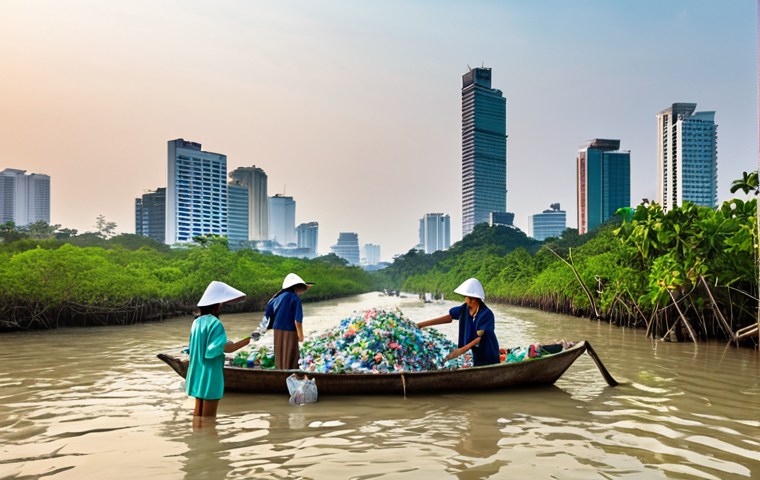 5 air quality levels over a recognizable Thai city skyline (e.g., Bangkok), with IoT sensor icons. A focused Thai environmental researcher, perhaps in a lab coat, interacts with a holographic display, symbolizing the integration of AI and Big Data for predictive analysis and early warning systems. The atmosphere is clean, intelligent, and forward-thinking, emphasizing technology's role in safeguarding Thailand's environment.

**Image Prompt 2: Thai Community Embracing Circular Economy**
A lively and authentic scene depicting a Thai community actively participating in circular economy practices. Various individuals, from young students to elderly villagers, are seen collaborating to sort and collect recyclables (plastic bottles, glass, paper) at a designated, clean community recycling hub. In the background, there are hints of traditional Thai architecture or a restored natural landscape, such as a flourishing mangrove forest or a clean waterway. The image should convey a sense of shared responsibility, local pride, and sustainable living, illustrating the practical application of reuse, reduce, and recycle principles within a vibrant Thai cultural setting.