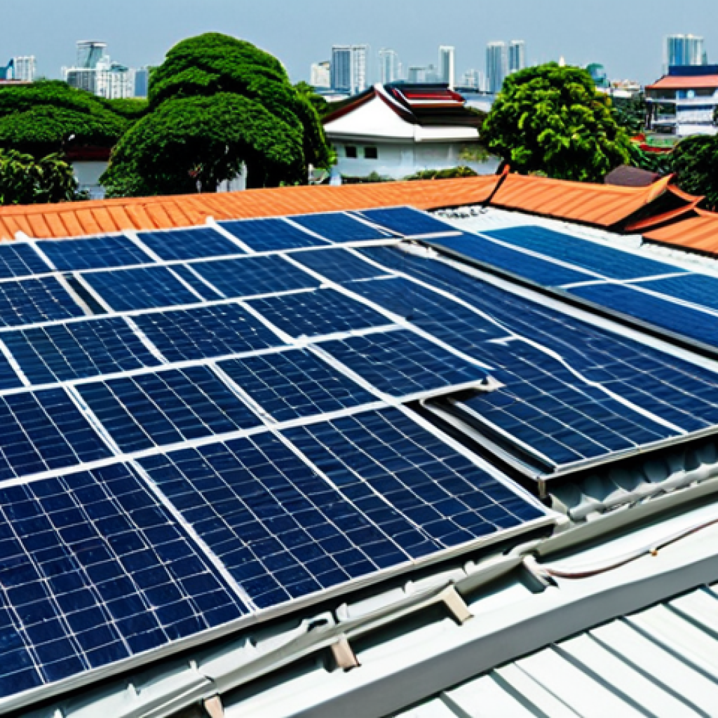 Solar Panel Installation**

"A residential neighborhood in Bangkok, Thailand, sunny day, traditional Thai houses with modern solar panels installed on rooftops, appropriate attire, clear blue sky, safe for work, perfect anatomy, natural proportions, professional photography, high quality, fully clothed, family-friendly, modest design."

**