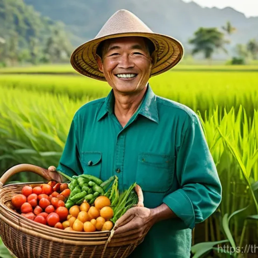 지속 가능한 농업과 식량 생산 - **Prompt:** A heartwarming, realistic, and highly detailed portrait of a smiling Thai farmer, aged a...