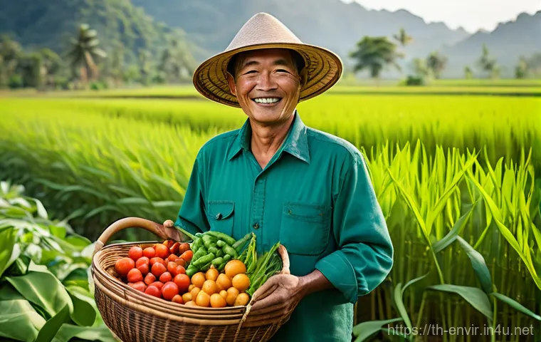 지속 가능한 농업과 식량 생산 - **Prompt:** A heartwarming, realistic, and highly detailed portrait of a smiling Thai farmer, aged a...