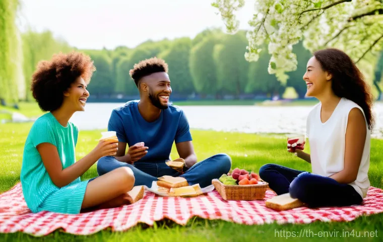 물의 순환과 관리 - A group of diverse young adults, casually dressed in stylish everyday clothing, enjoying a vibrant o...