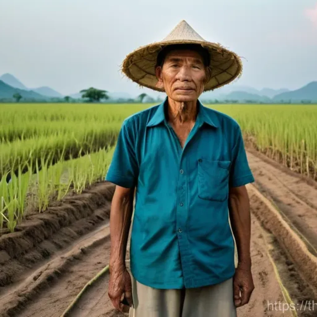 기후 변화와 식수 문제 - **Prompt for Drought/Heat Impact:**
    "A weathered Thai farmer, perhaps in his 50s, stands contemp...