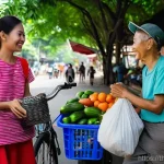 환경 지속 가능성 평가 - **Prompt:** A vibrant and bustling Thai street market scene in broad daylight. Diverse Thai individu...