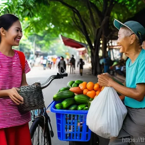 환경 지속 가능성 평가 - **Prompt:** A vibrant and bustling Thai street market scene in broad daylight. Diverse Thai individu...