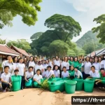 환경 교육 커리큘럼 - A diverse group of Thai children and adults participating in a community environmental cleanup event...