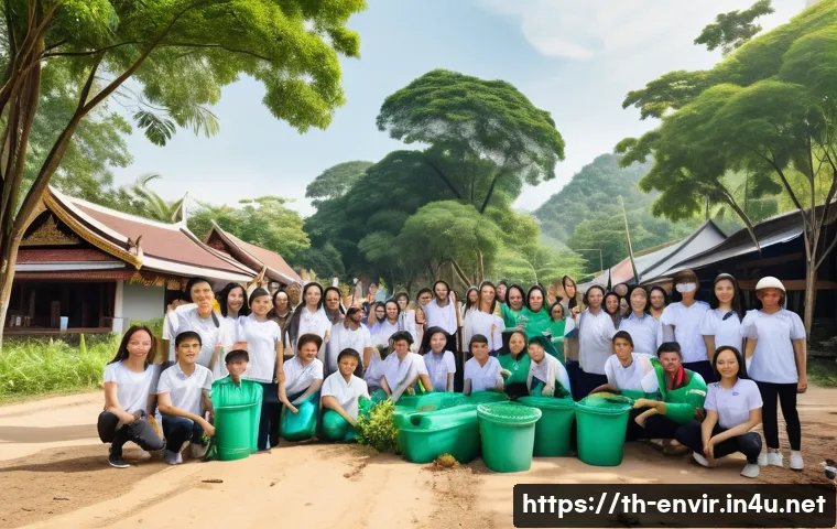 환경 교육 커리큘럼 - A diverse group of Thai children and adults participating in a community environmental cleanup event...
