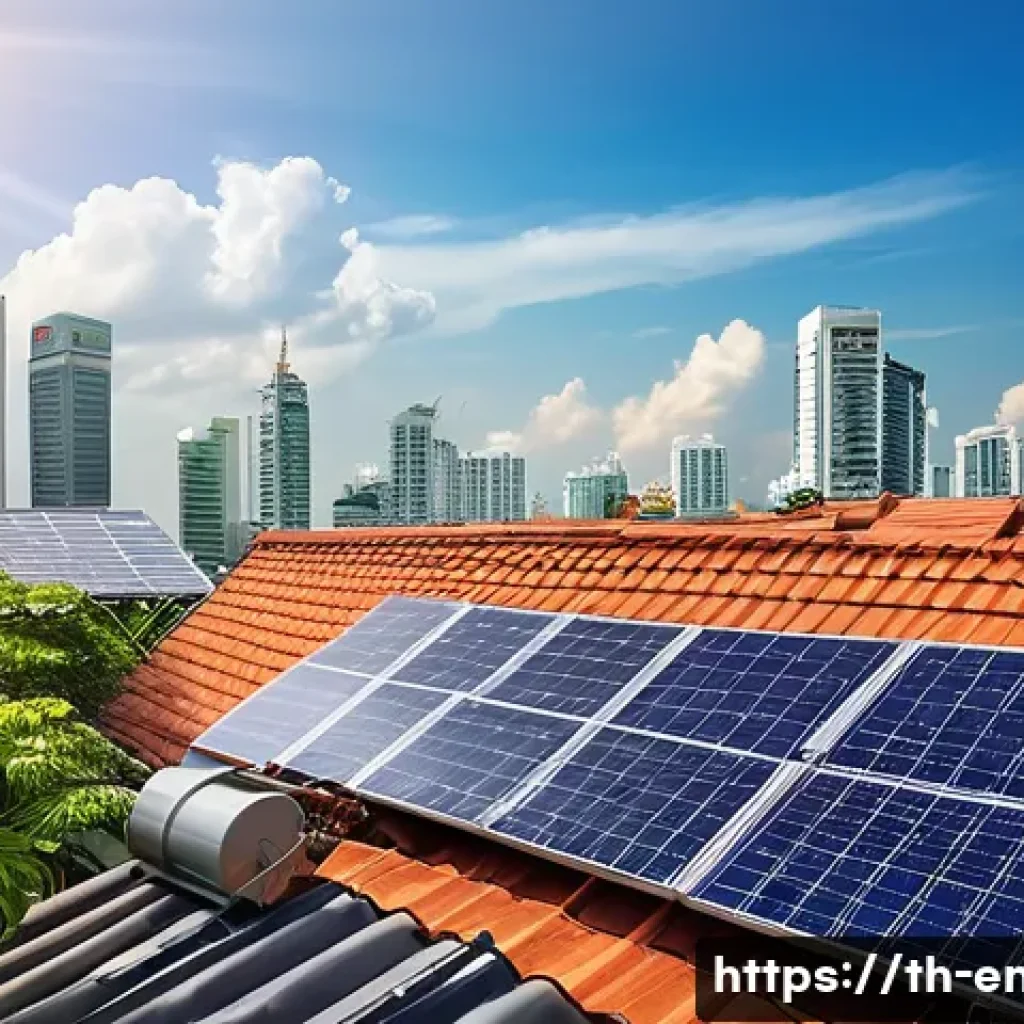 온실가스 배출 저감을 위한 혁신적 정책 - A vibrant urban rooftop scene in Bangkok featuring a family installing solar panels on their house r...