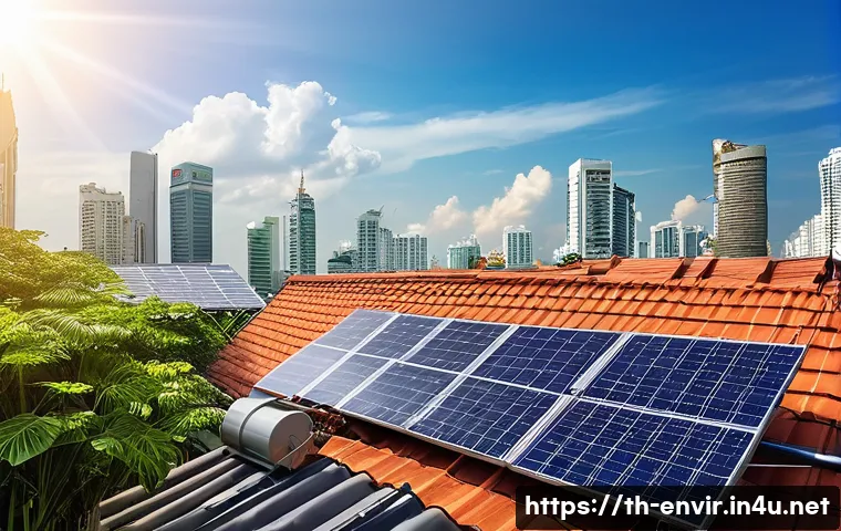 온실가스 배출 저감을 위한 혁신적 정책 - A vibrant urban rooftop scene in Bangkok featuring a family installing solar panels on their house r...