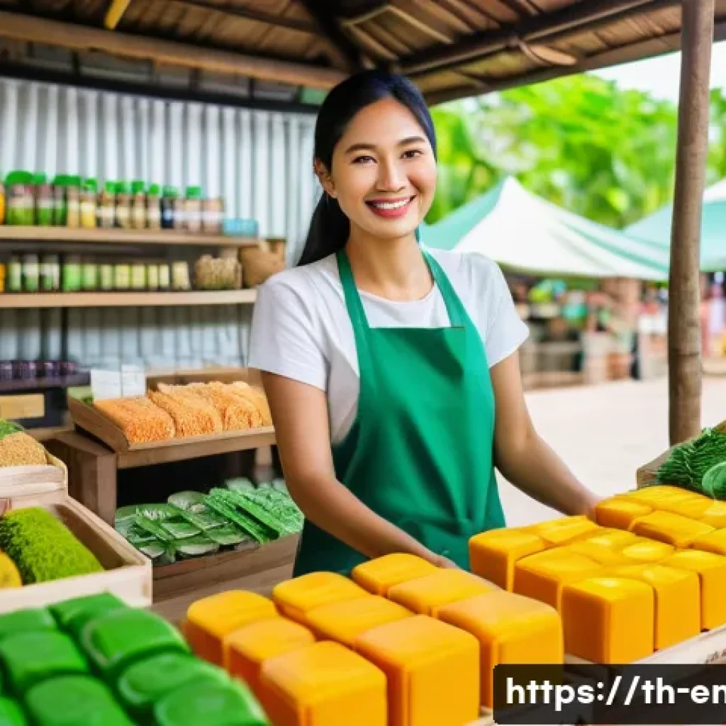 친환경 소비와 행동 변화 - A vibrant, detailed scene of a traditional Thai market stall showcasing natural herbal soaps and org...