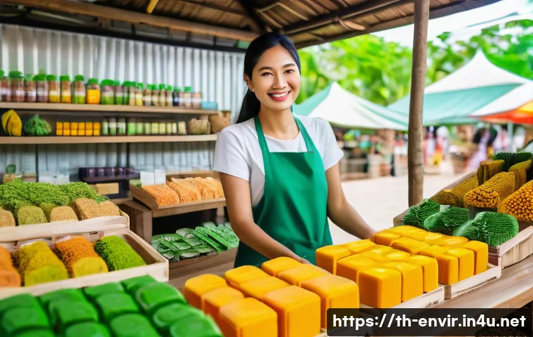 친환경 소비와 행동 변화 - A vibrant, detailed scene of a traditional Thai market stall showcasing natural herbal soaps and org...