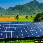 기후 변화 대응 정책 - A vibrant rural Thai landscape showcasing a community solar power project: traditional Thai houses w...