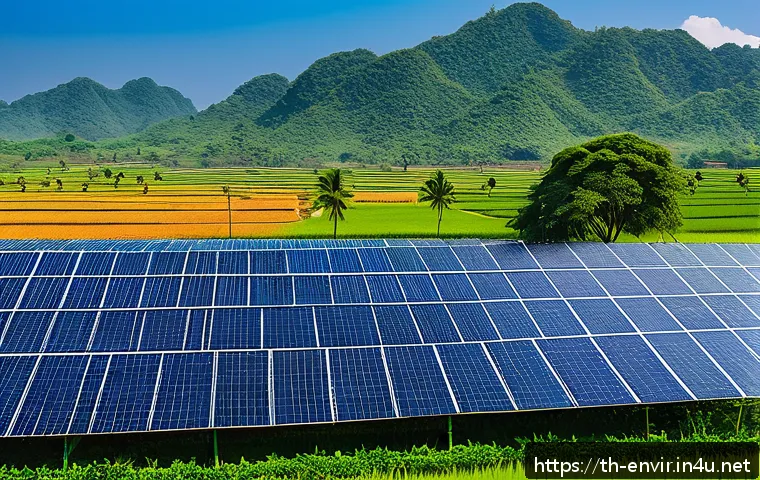 기후 변화 대응 정책 - A vibrant rural Thai landscape showcasing a community solar power project: traditional Thai houses w...