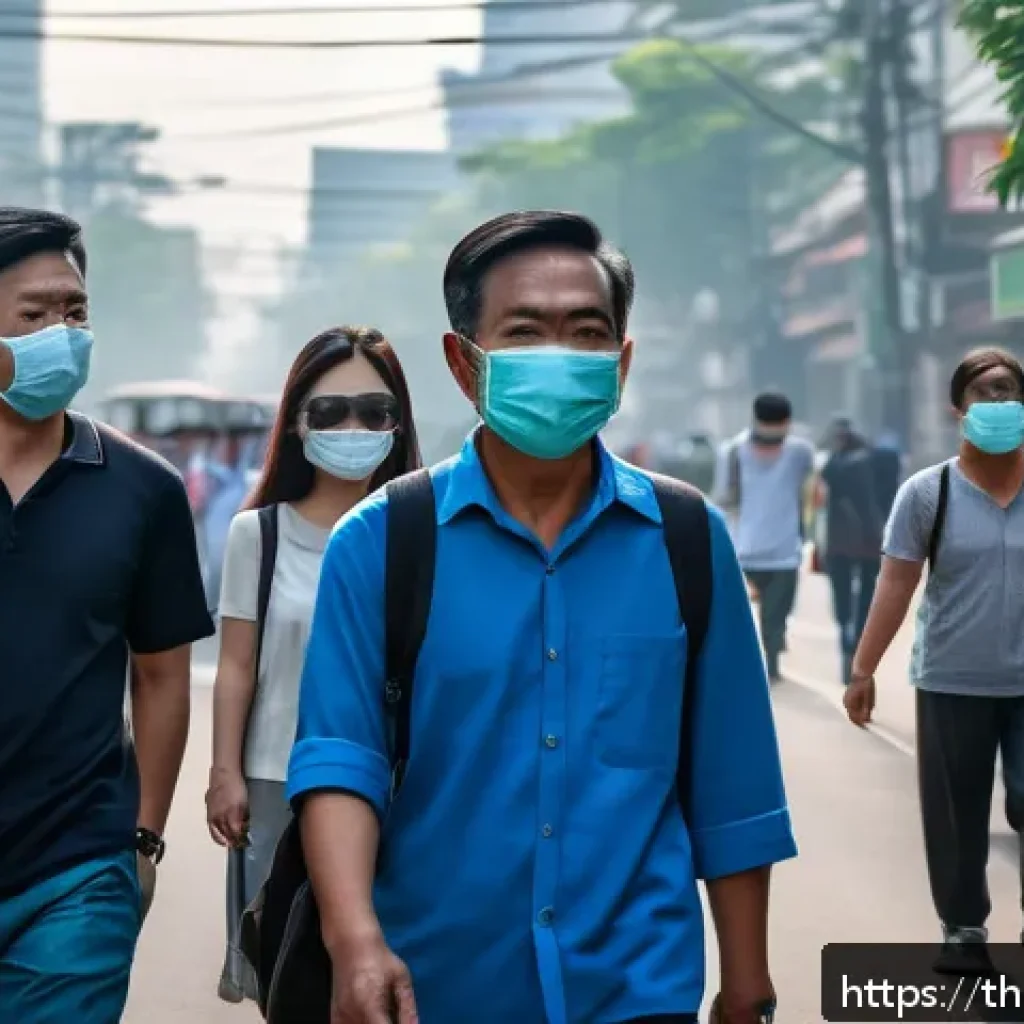 대기 중 미세먼지 농도 분석 - A detailed urban street scene in Bangkok during high pollution levels, showing people wearing N95 ma...