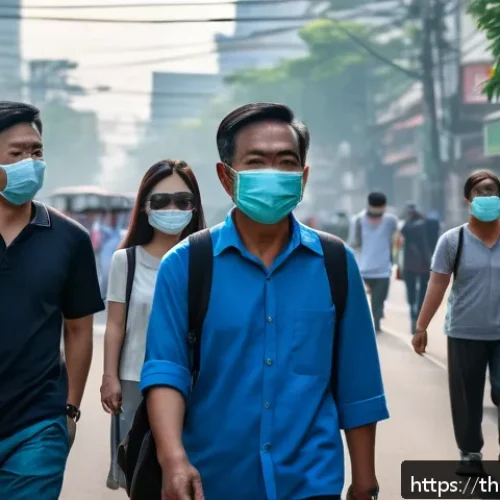 대기 중 미세먼지 농도 분석 - A detailed urban street scene in Bangkok during high pollution levels, showing people wearing N95 ma...