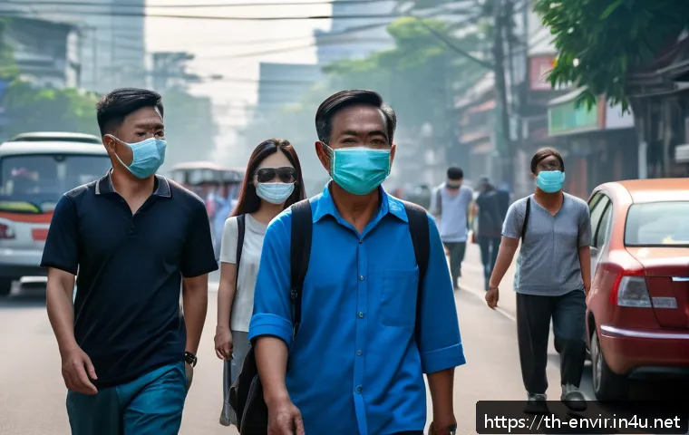 대기 중 미세먼지 농도 분석 - A detailed urban street scene in Bangkok during high pollution levels, showing people wearing N95 ma...