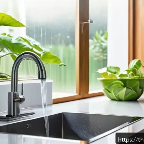 자연 자원의 합리적 사용 - A modern Thai household kitchen scene focusing on water-saving practices: a person turning off the f...