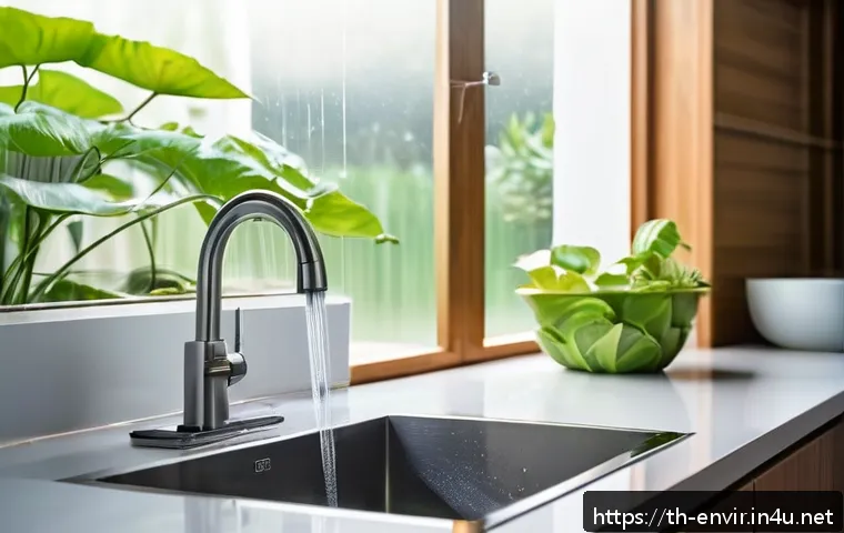 자연 자원의 합리적 사용 - A modern Thai household kitchen scene focusing on water-saving practices: a person turning off the f...