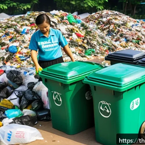 환경 정책과 법률 변화 - A vibrant urban recycling center in Thailand, showing diverse Thai families in casual clothing caref...