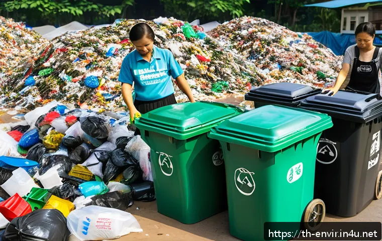 환경 정책과 법률 변화 - A vibrant urban recycling center in Thailand, showing diverse Thai families in casual clothing caref...