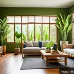 대기 질 관리 - A cozy modern Thai living room filled with lush green indoor plants known for air purification, such...