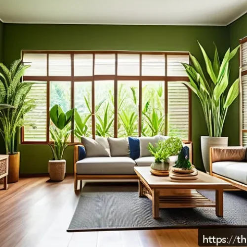 대기 질 관리 - A cozy modern Thai living room filled with lush green indoor plants known for air purification, such...