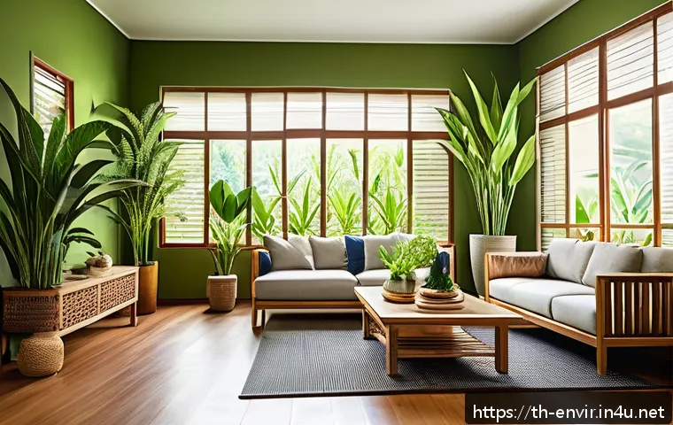 대기 질 관리 - A cozy modern Thai living room filled with lush green indoor plants known for air purification, such...