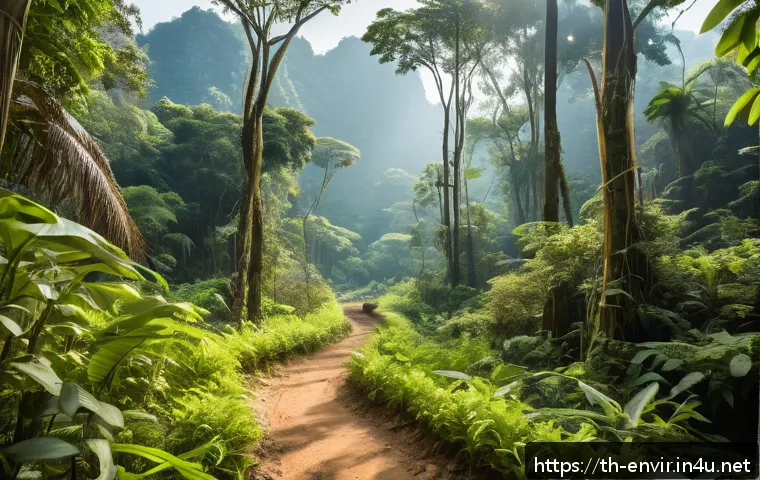 생물 다양성 보존 전략 - A vibrant tropical forest scene in Thailand showcasing an expansive national park with diverse nativ...