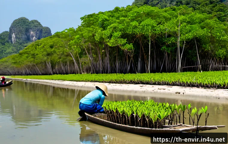 Home 17 환경 회복력 강화를 위한 전략 - Photorealistic coastal mangrove restoration in southern Thailand, Thai community volunteers in pract...